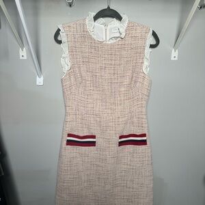 Sandro Cream Tweed Midi Dress with Red and Blue Accents